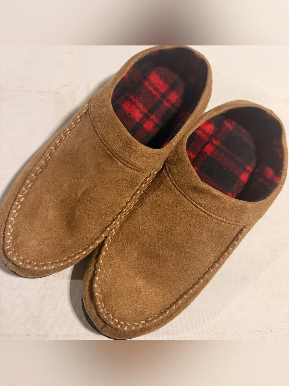 Men's Tan Suede Slip-On Moccasin Loafers with Red Plaid Lining